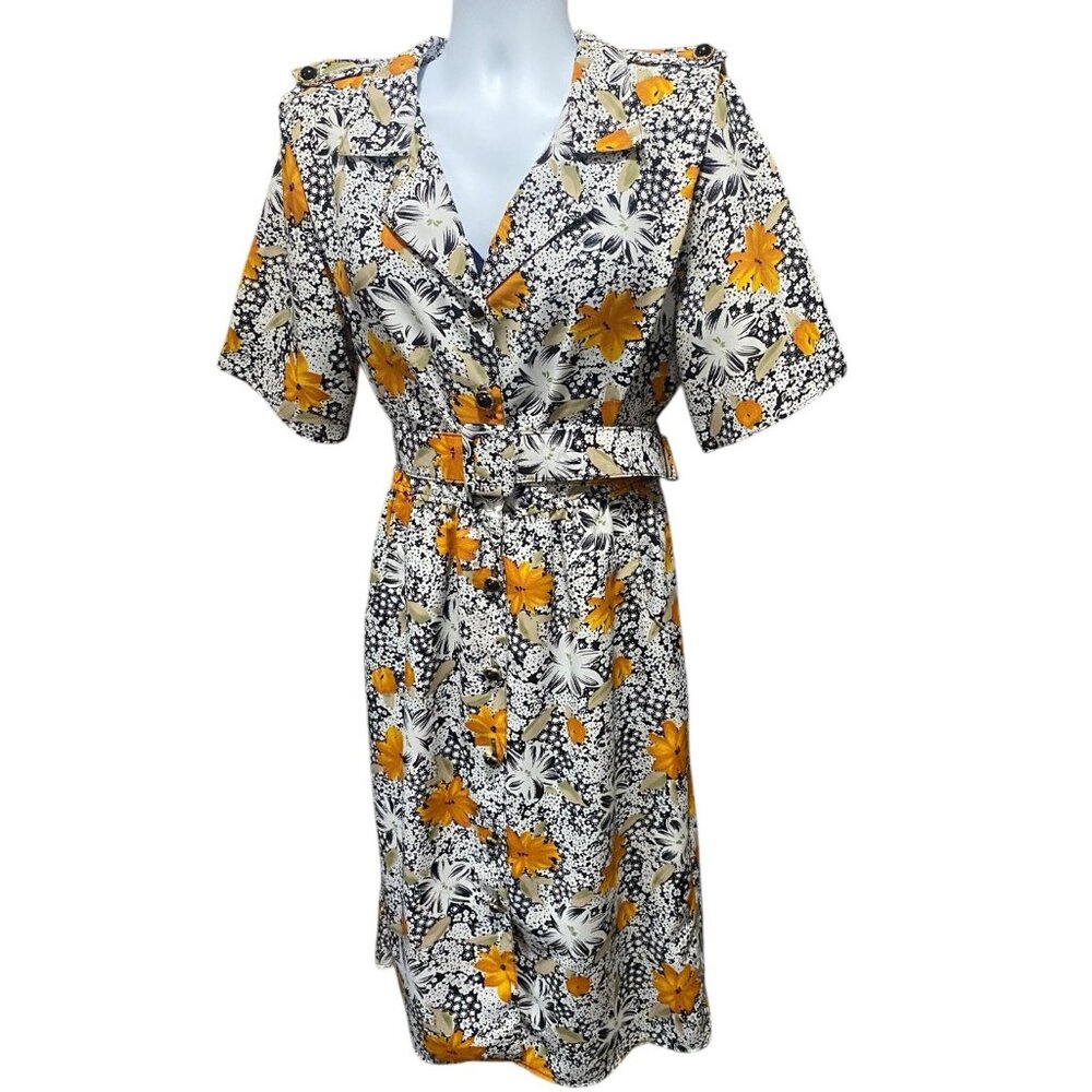 JAS Vintage Dress 2X Floral Midi Short Sleeves Collar Belted Pocket Black Yellow